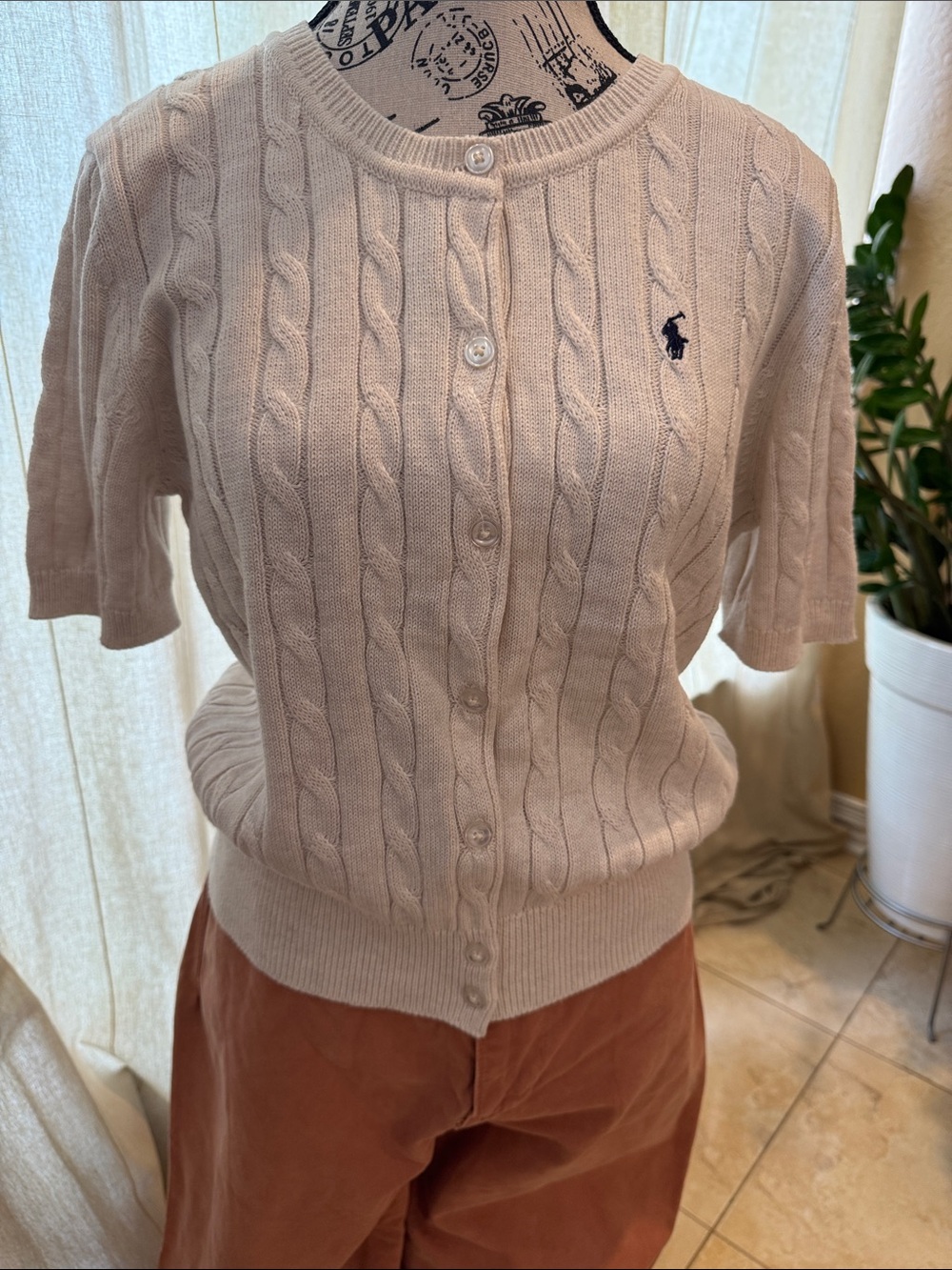 Ralph Lauren Short-Sleeve Cable-Knit Button Cardigan in Pale Pink